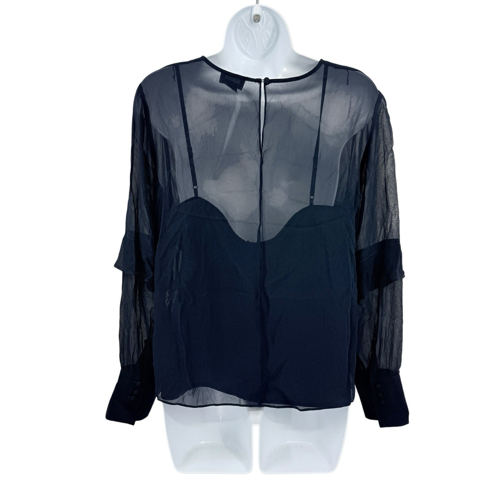 Club Monaco Silk Sheer Blouse Large Navy Pintuck Pleat Ruffle Sleeve Minimalist
