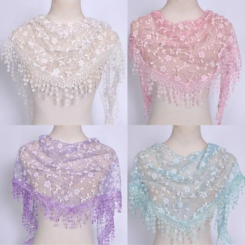 Women Tassel Triangle Scarf Embroidered Lace Floral Shawl Veil Wrap