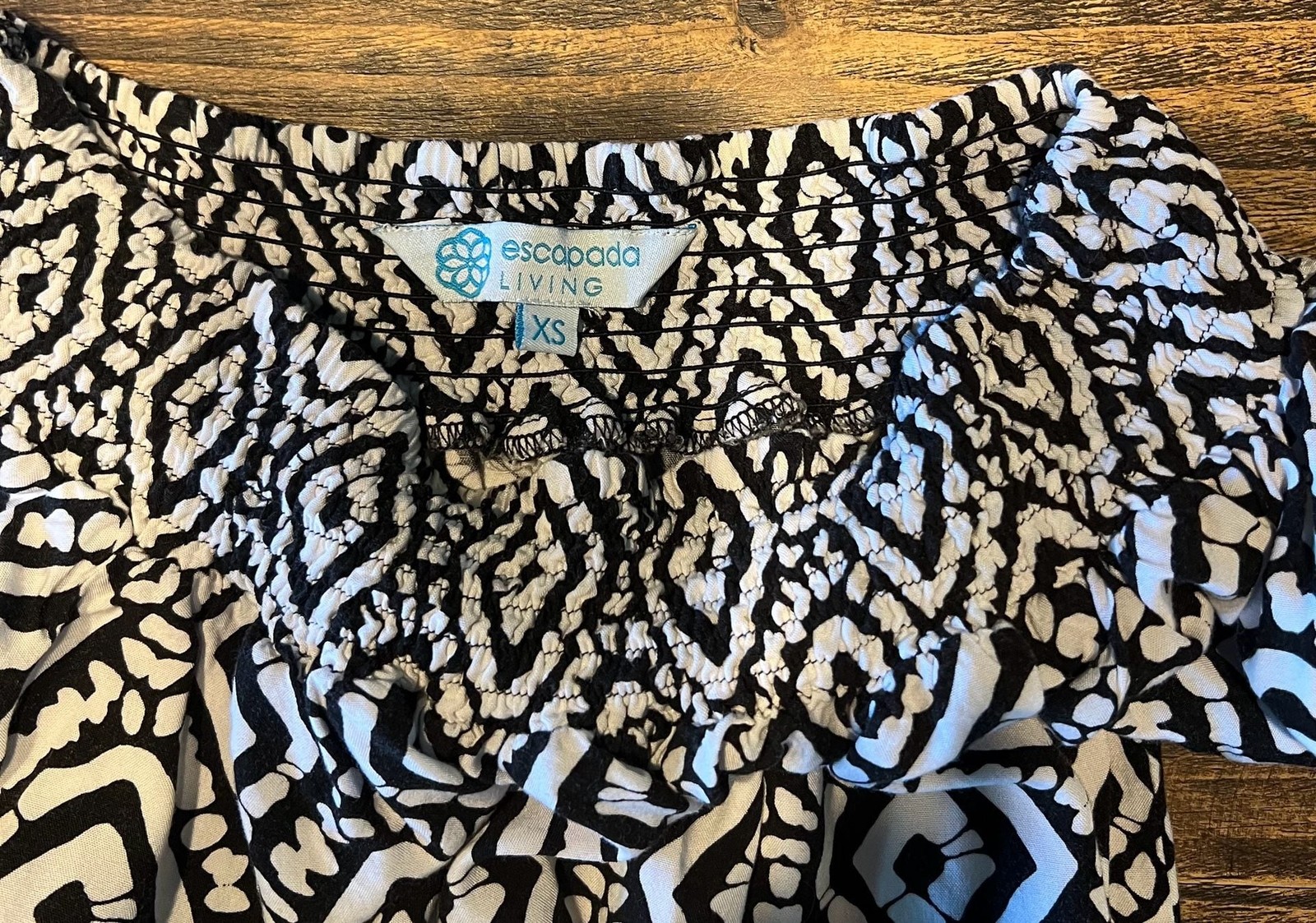 Escapada Living Smocked Geo Print Tassel Sleeve Blouse