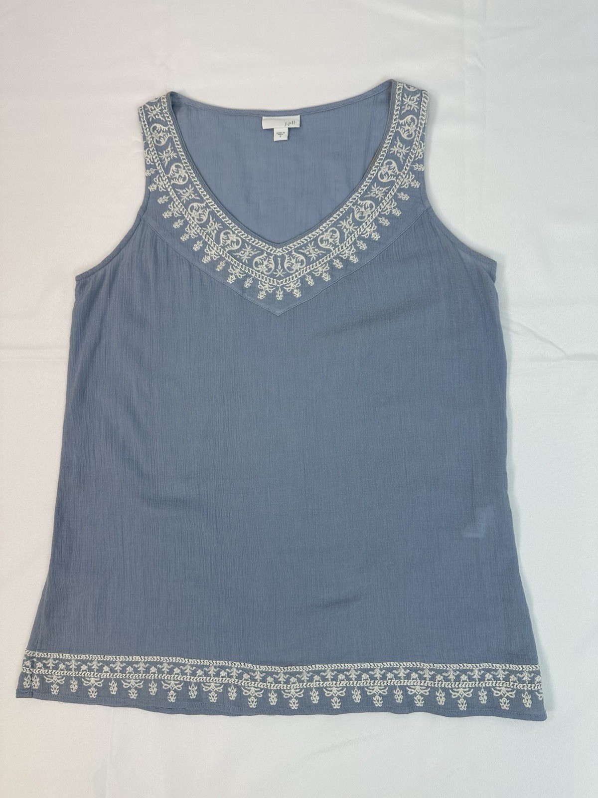J.JillBlue Sleeveless Embroidered Boho Crinkle Gauze Top Sz Small 100% Cotton
