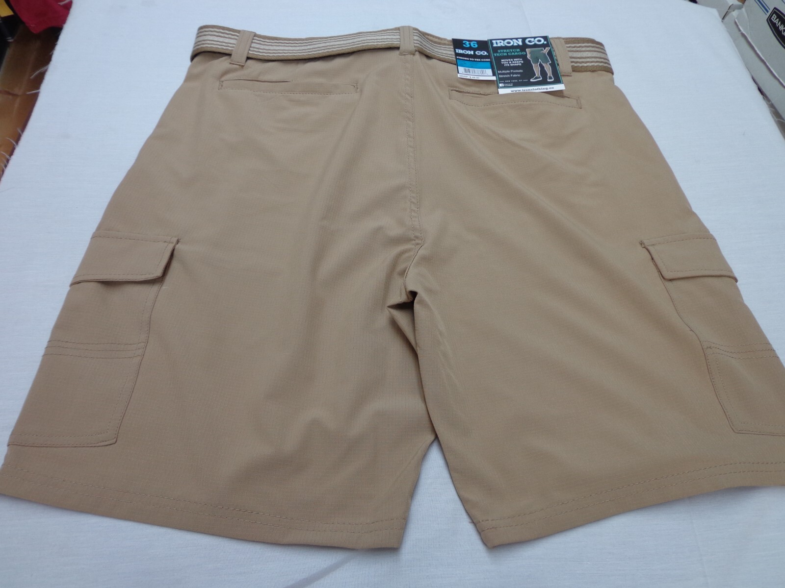 IRON CO. Stretch Tech Cargo Belted Shorts Khaki Size 36 NEW
