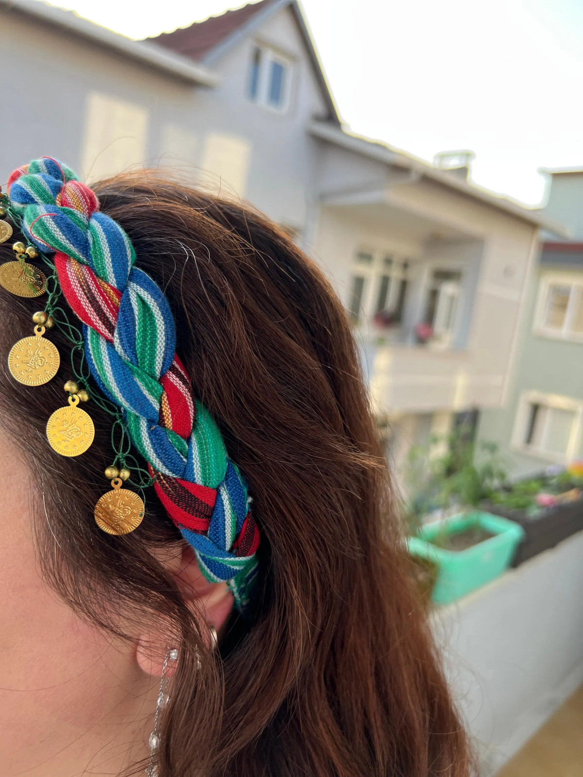 Gold Coin Handwoven Cotton Hair Band Green Blue Red Yellow Striped Handmade