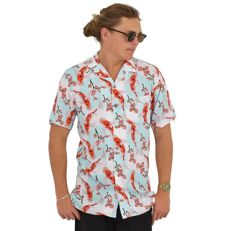 Koi Fish Mens Hawaiian Shirt Tropical Print Short Sleeve Beach Party