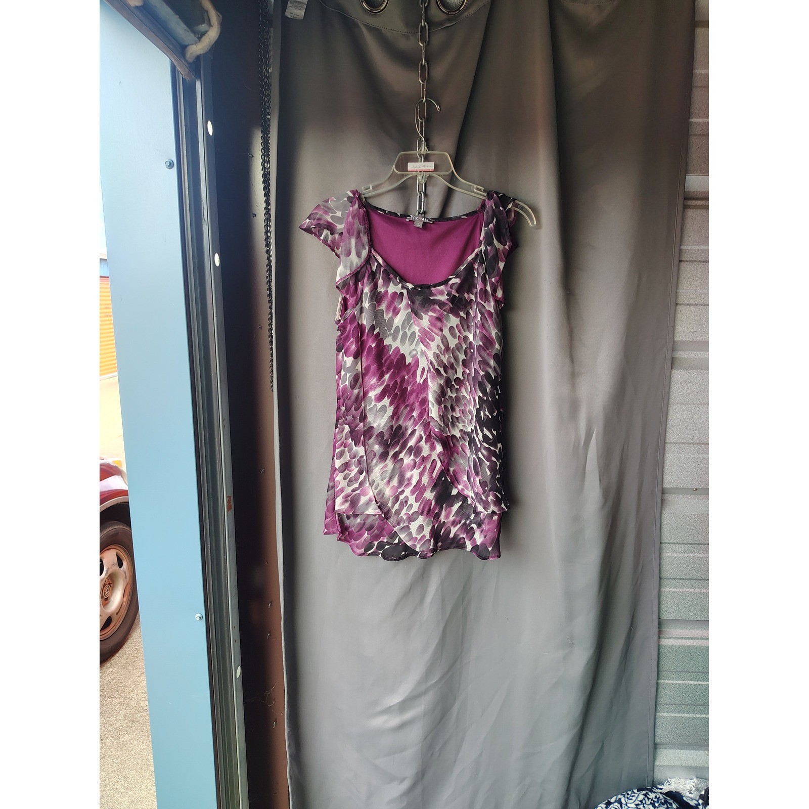 Roz & Ali Womens Purple Abstract Petal Print Cap Sleeve Tiered Blouse Size M
