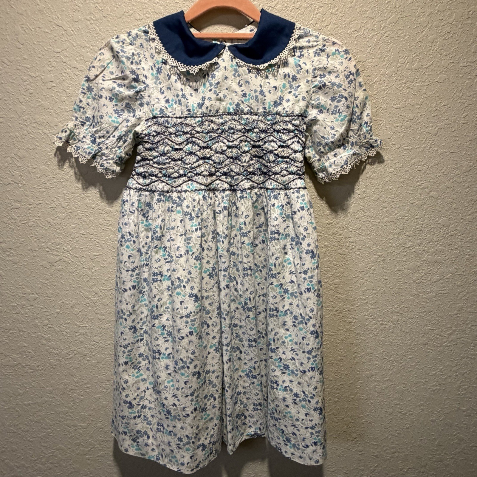Vintage Liberty of London Girls Hand Smocked Floral Dress Blue Peter Pan Collar