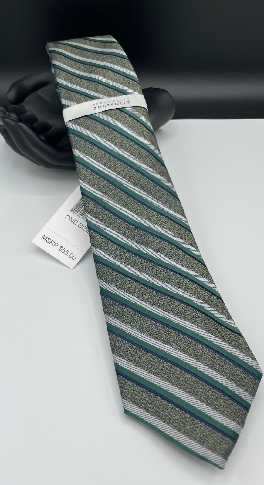 PERRY ELLIS Portfolio Men’s 100% Polyester Tie ~ Hunter Green ~ Arnett Stripe