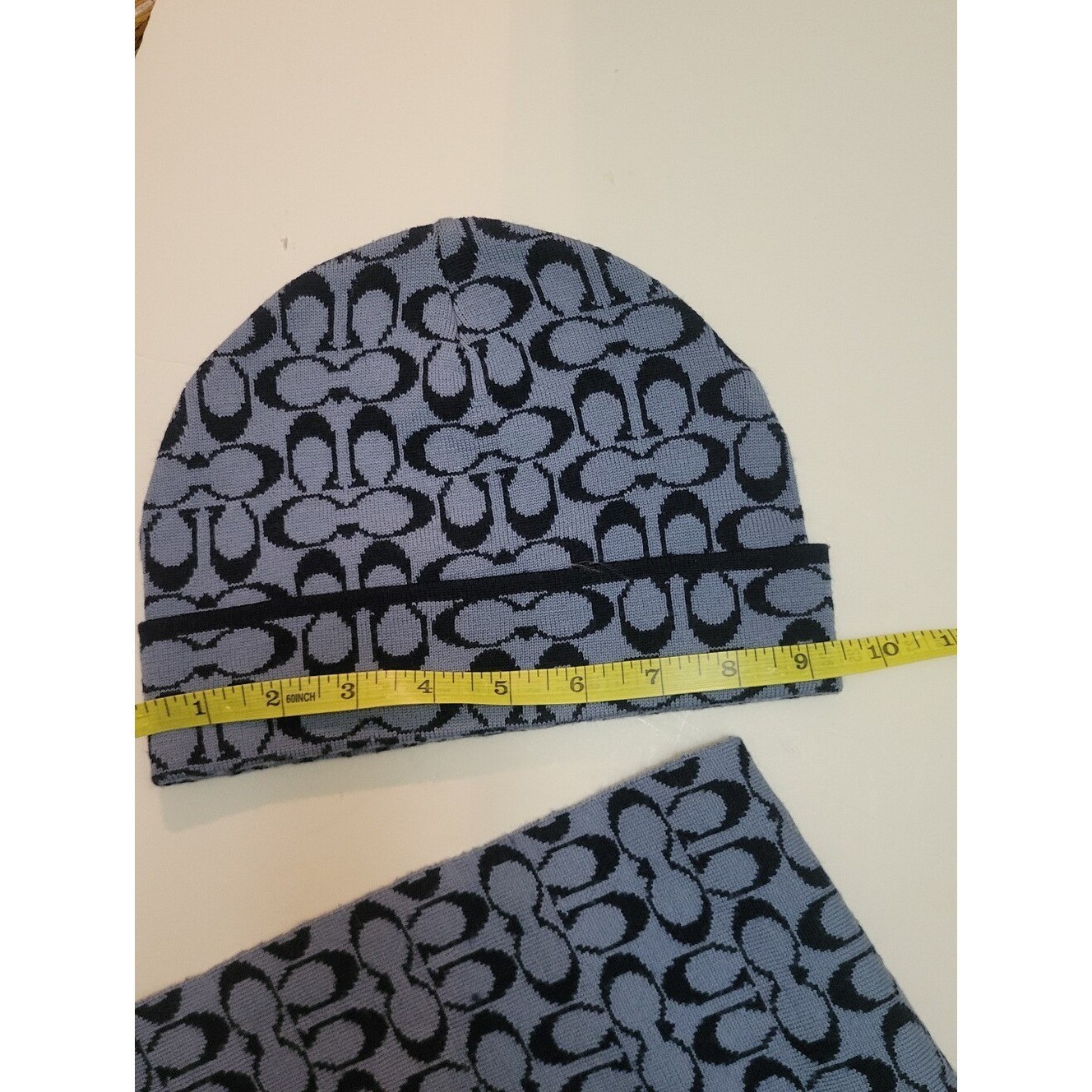 COACH Knit Signature C Logo Beanie Matching Scarf Set Two-Tone Blue