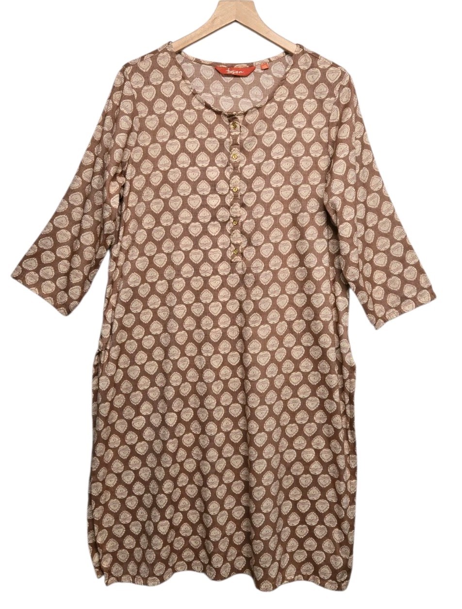 Fusion Kurta Womens Size XXL Brown Cream Printed Long Sleeve Pullover