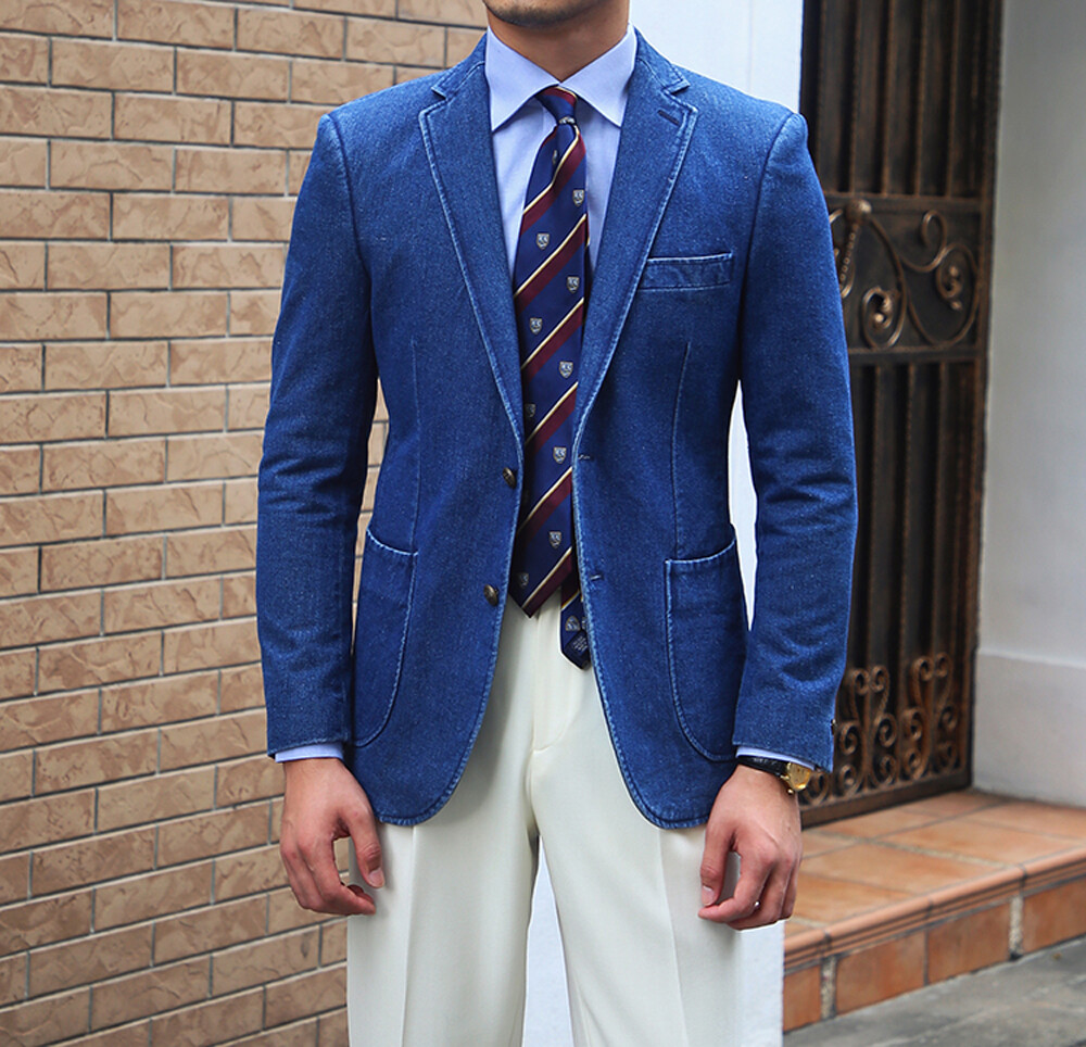 Denim Men Suits Single-Breasted Jacket Notch Lapel Blazer Business Casual Wear