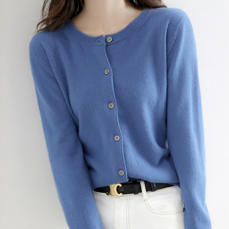 Women’s Cashmere Blend Cardigan Solid Color Sweater Simple Crew Neck Jacket Coat