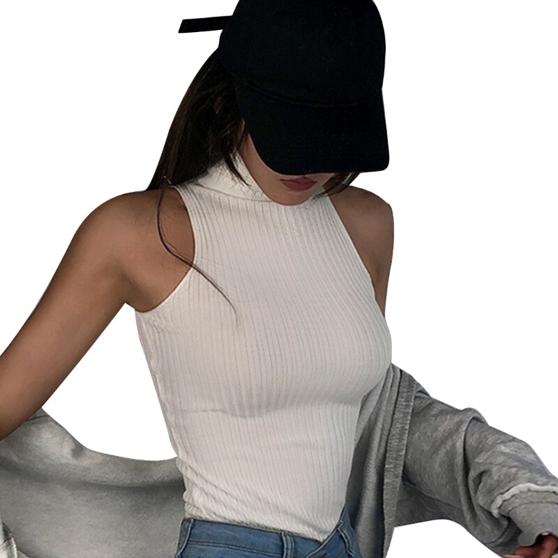Women Plain Solid Color Sleeveless Crop Top Turtleneck Ribbed Knit Basic Vest