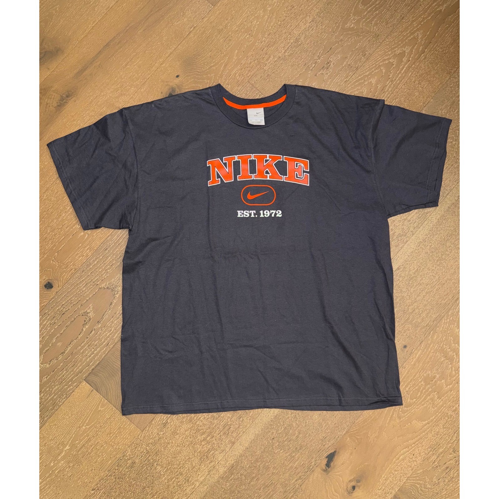 Nike Mens Graphic T-Shirt Charcoal Grey Orange EST 1972 Swoosh Logo XXL