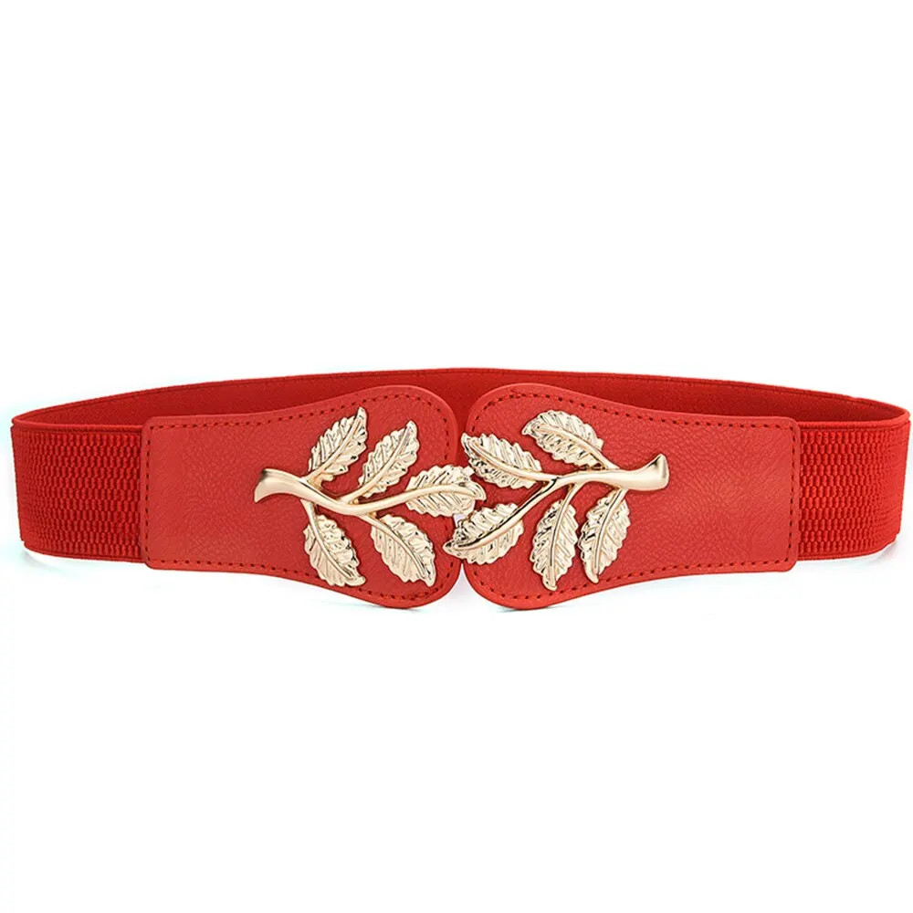 Gold Leaf Elastic Waist Belt for Women Wide Fashion Buckle Dress Skirt Us