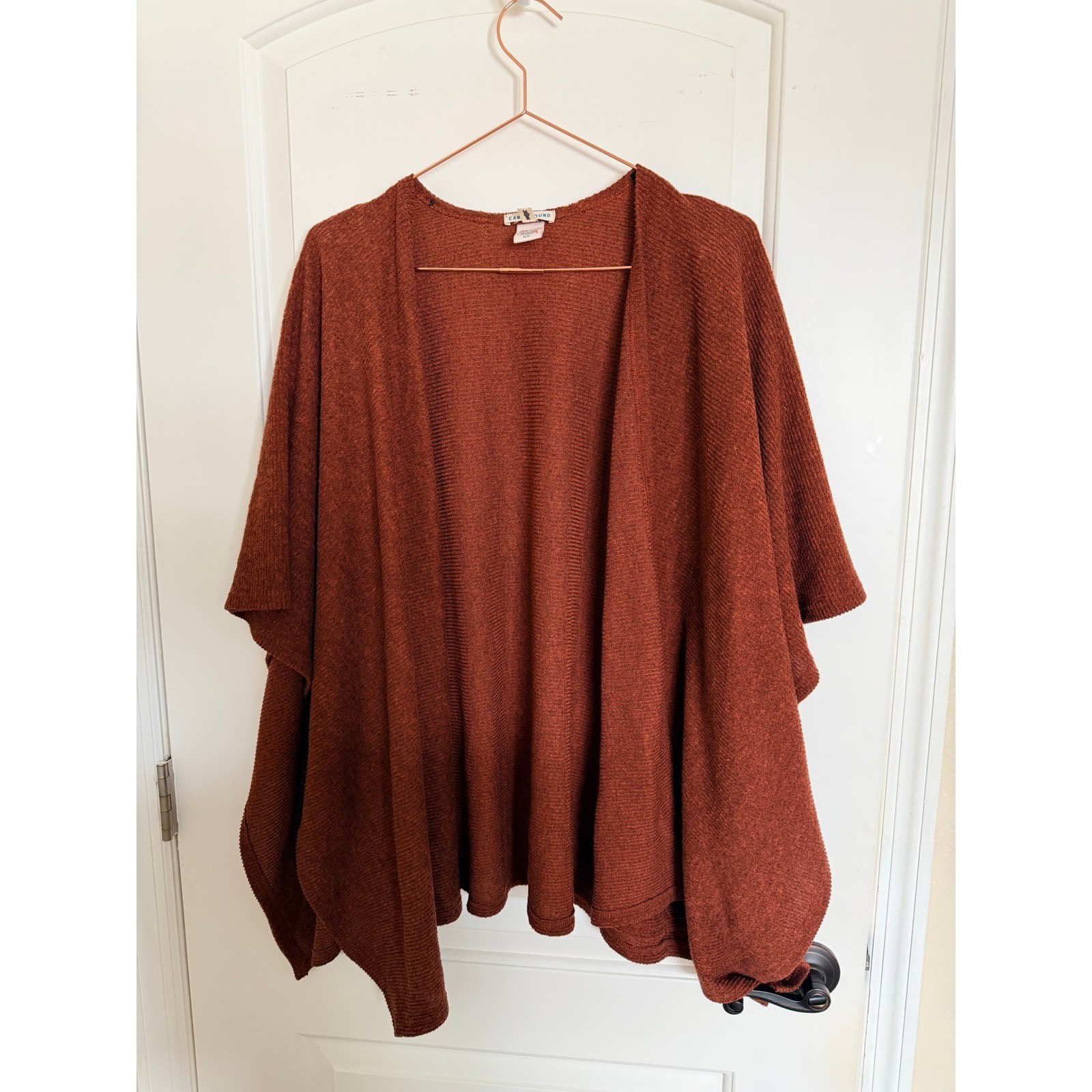 Earthbound Trading Co Poncho Womens OS Rust Orange Open Front Ribbed Knit Wrap
