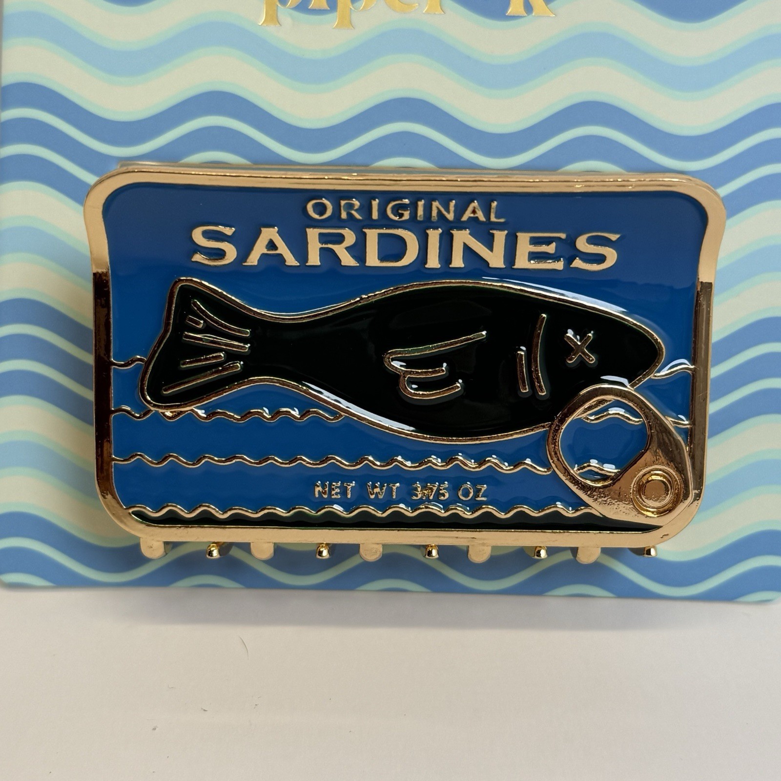 Piper K Original Sardines Hair Claw Clip Blue Gold Enamel Novelty Tinned Fish