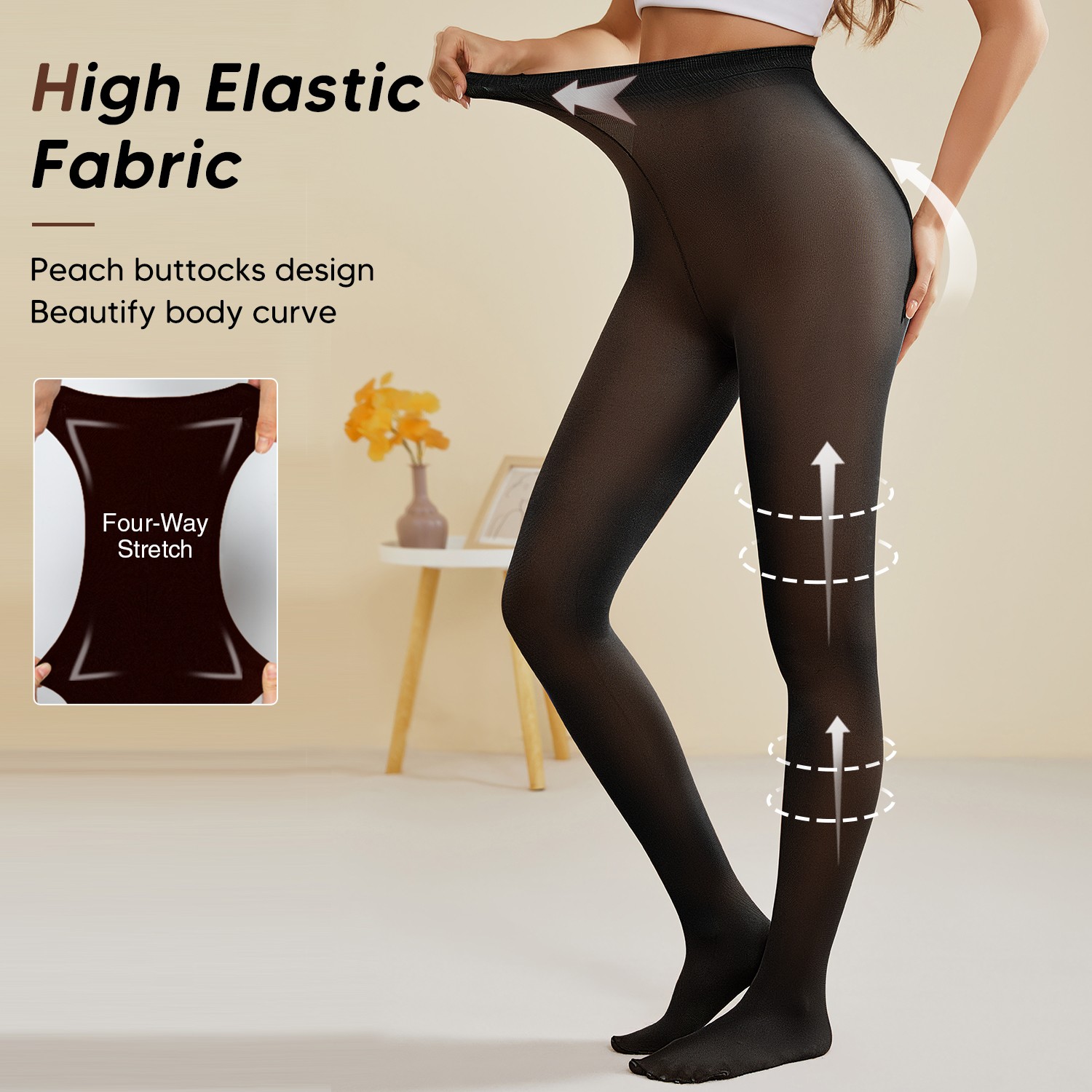 Semi Sheer Control Top Pantyhose for Women High Waist High Stretch Tights Black