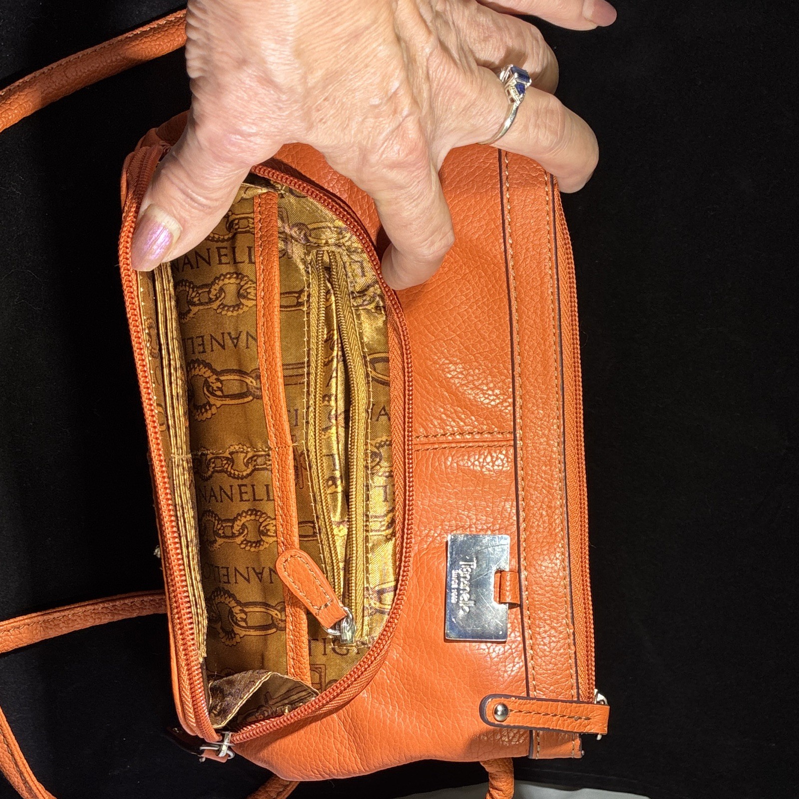 Tignanello Orange Pebbled Logo Crossbody Bag, Silver Hardware, Zip, Strap