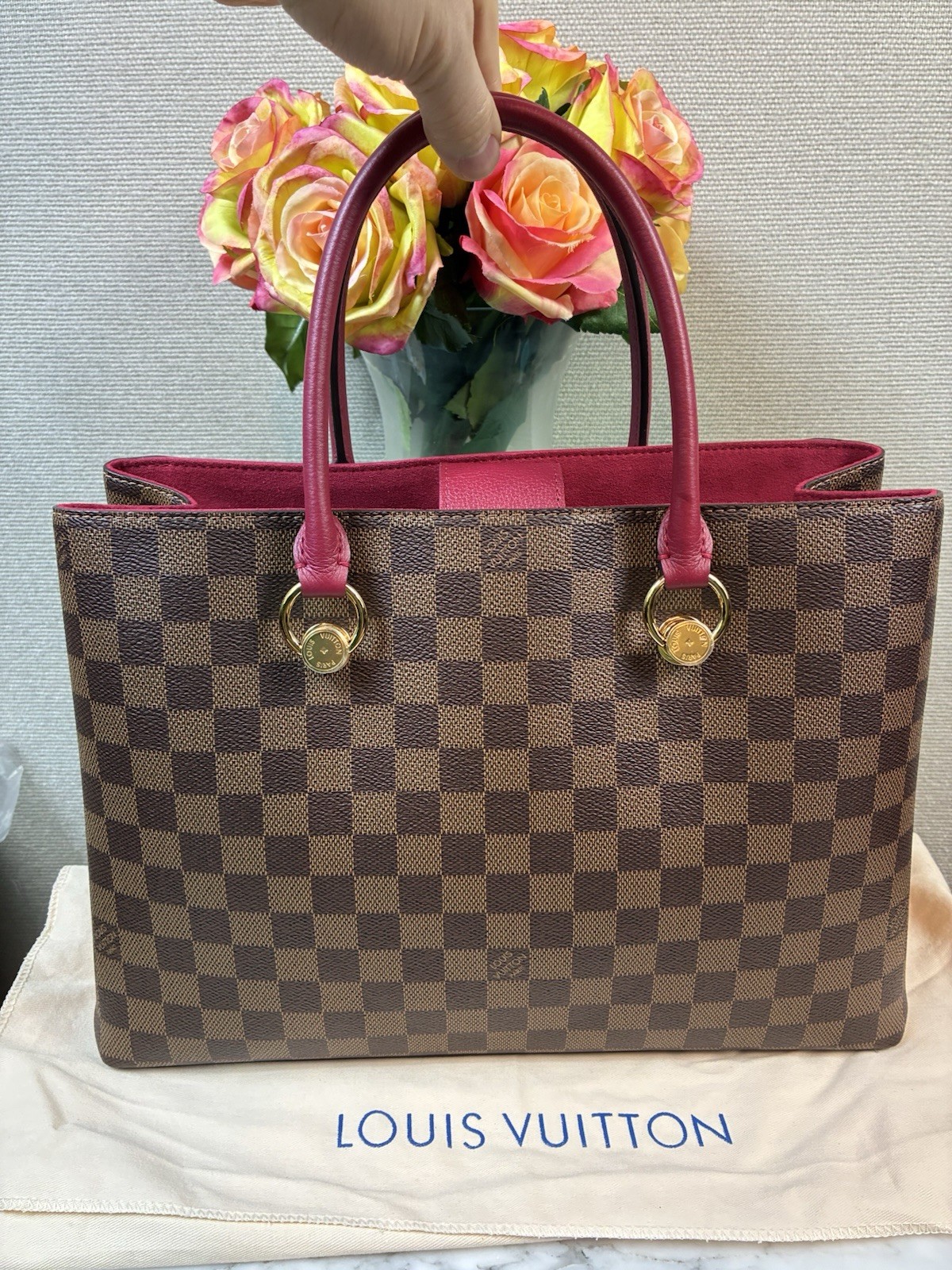 Louis Vuitton LV Damier Ebene Riverside Tote w/ Magenta Leather & LV Charm – NWT