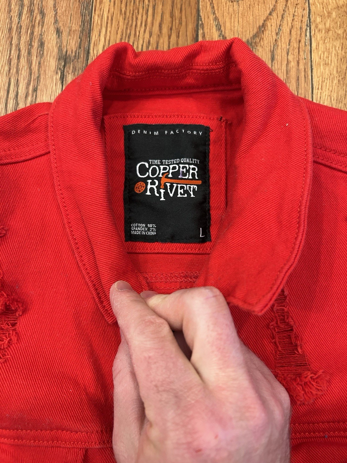 Copper Rivet Denim Jacket Mens Large L Red Distressed Ripped Jean Trucker Coat