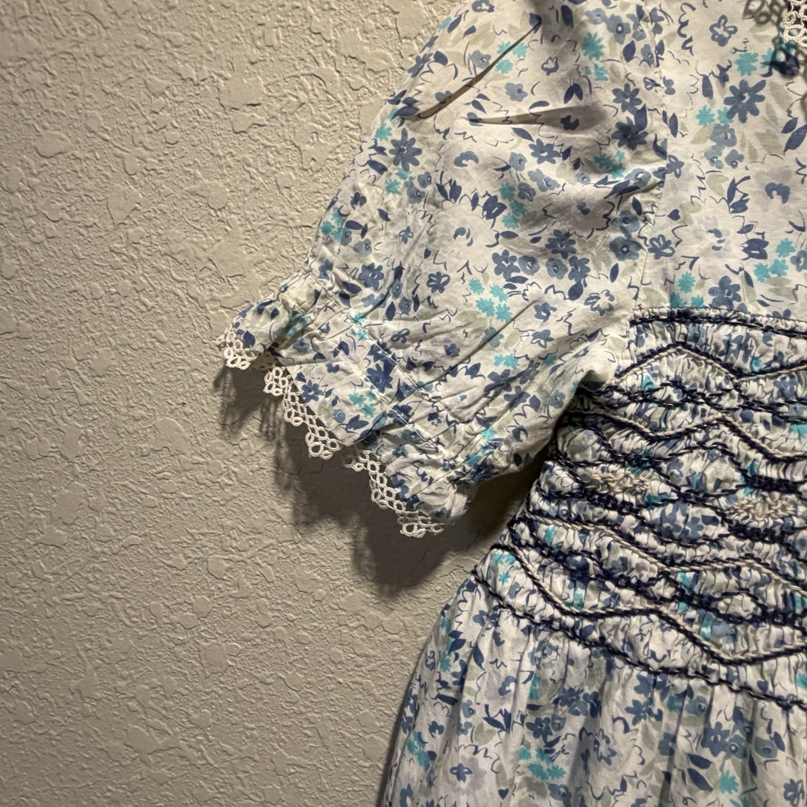 Vintage Liberty of London Girls Hand Smocked Floral Dress Blue Peter Pan Collar