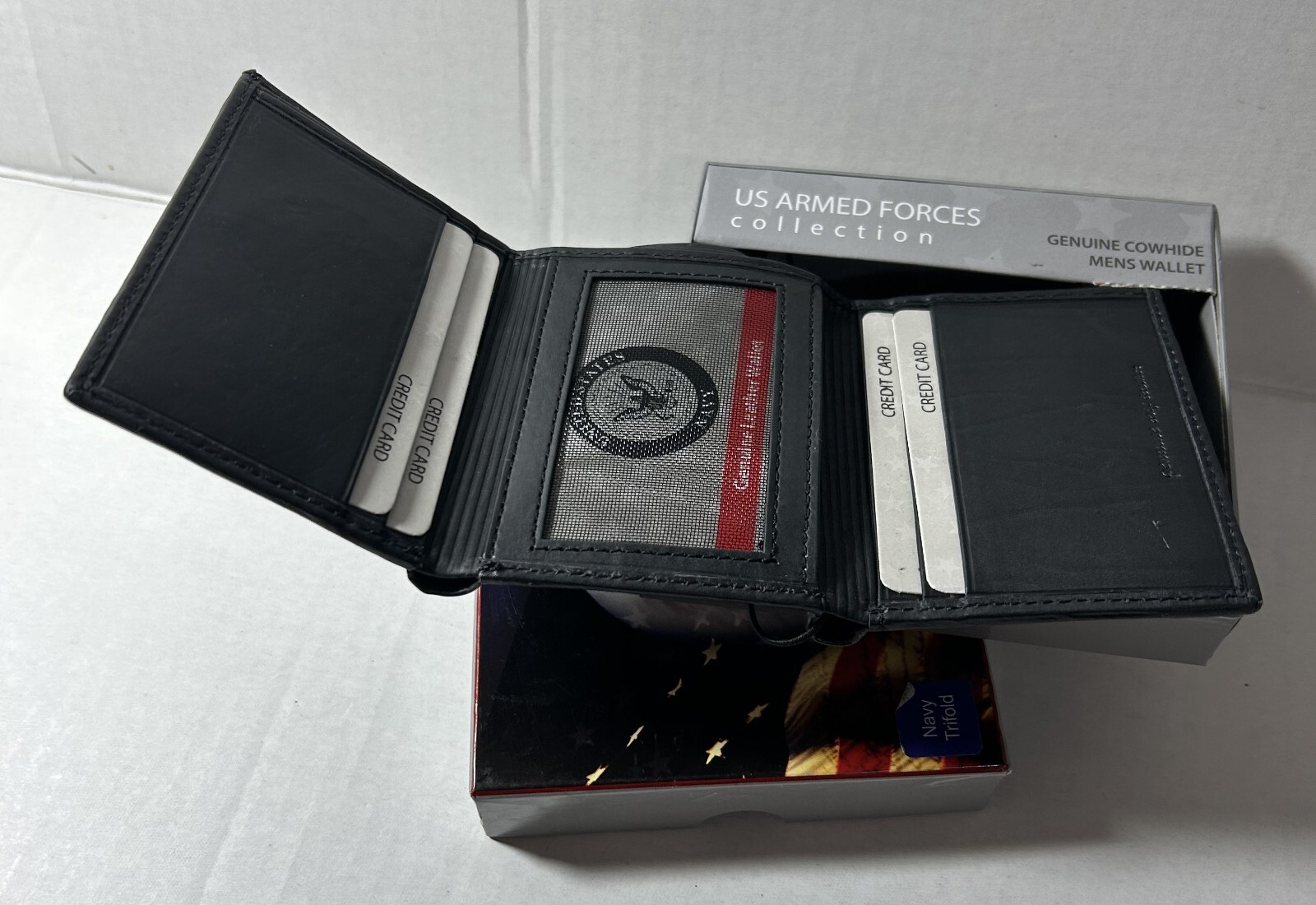 U.S Navy cowhide leather men trifold wallet black embossed New in box