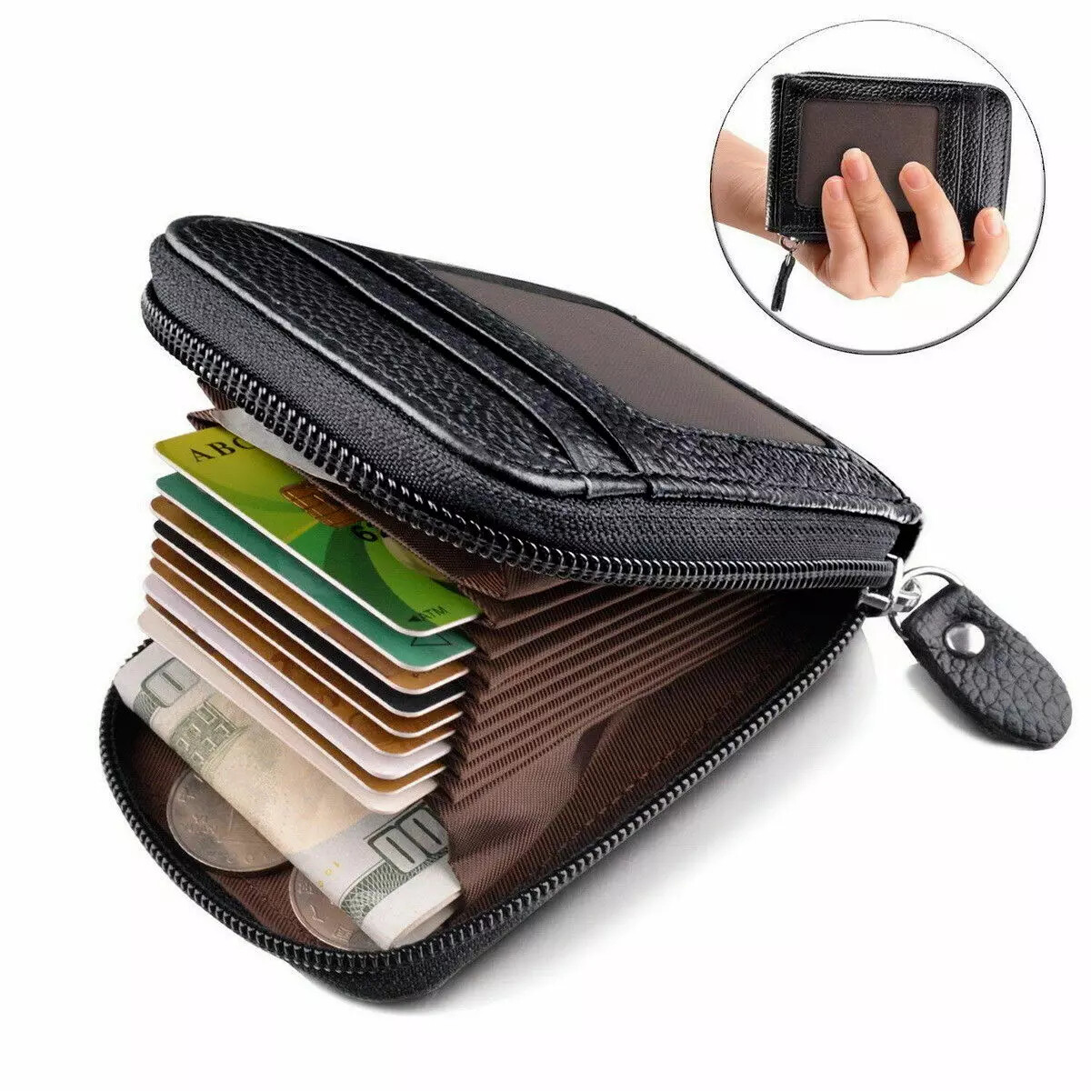 Leather Credit Card Holder RFID-Blocking Zipper Pocket Wallet with ID Window