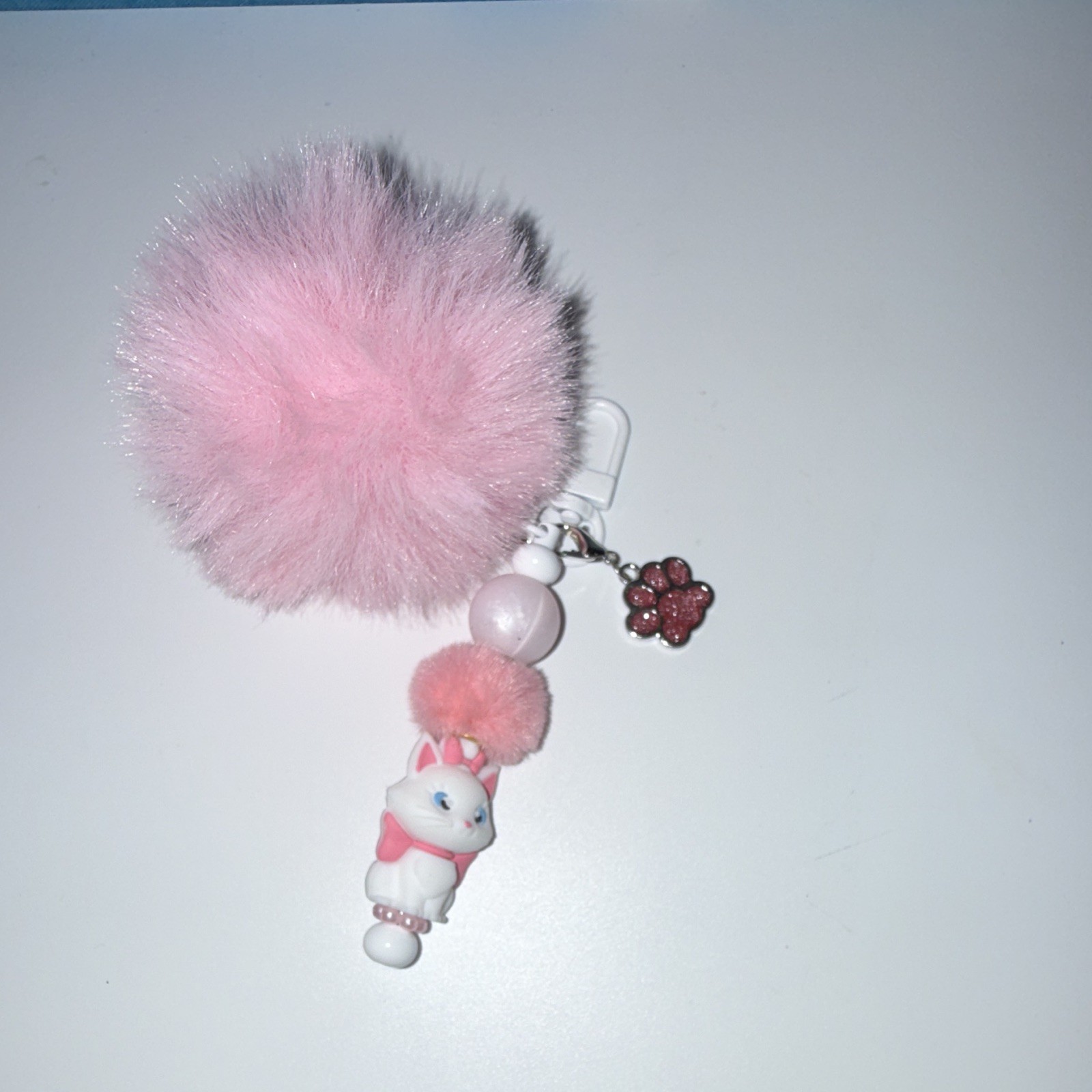 Pink Faux Fur Pom Pom Cat Key Chain/Bag Charm w/Beads & Detachable Clip