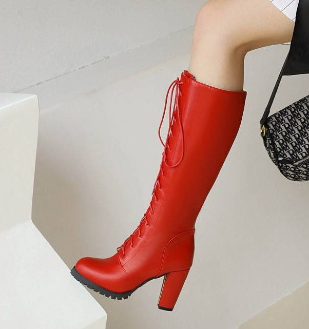 Women’s Round Toe Lace Up Knee High Boots Block Heels Side Zipper Fashion Shoes