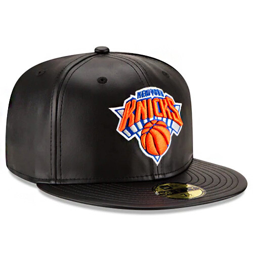 New Era New York Knicks P.U Fitted Hat NBA Official Team Black Faux Leather Cap