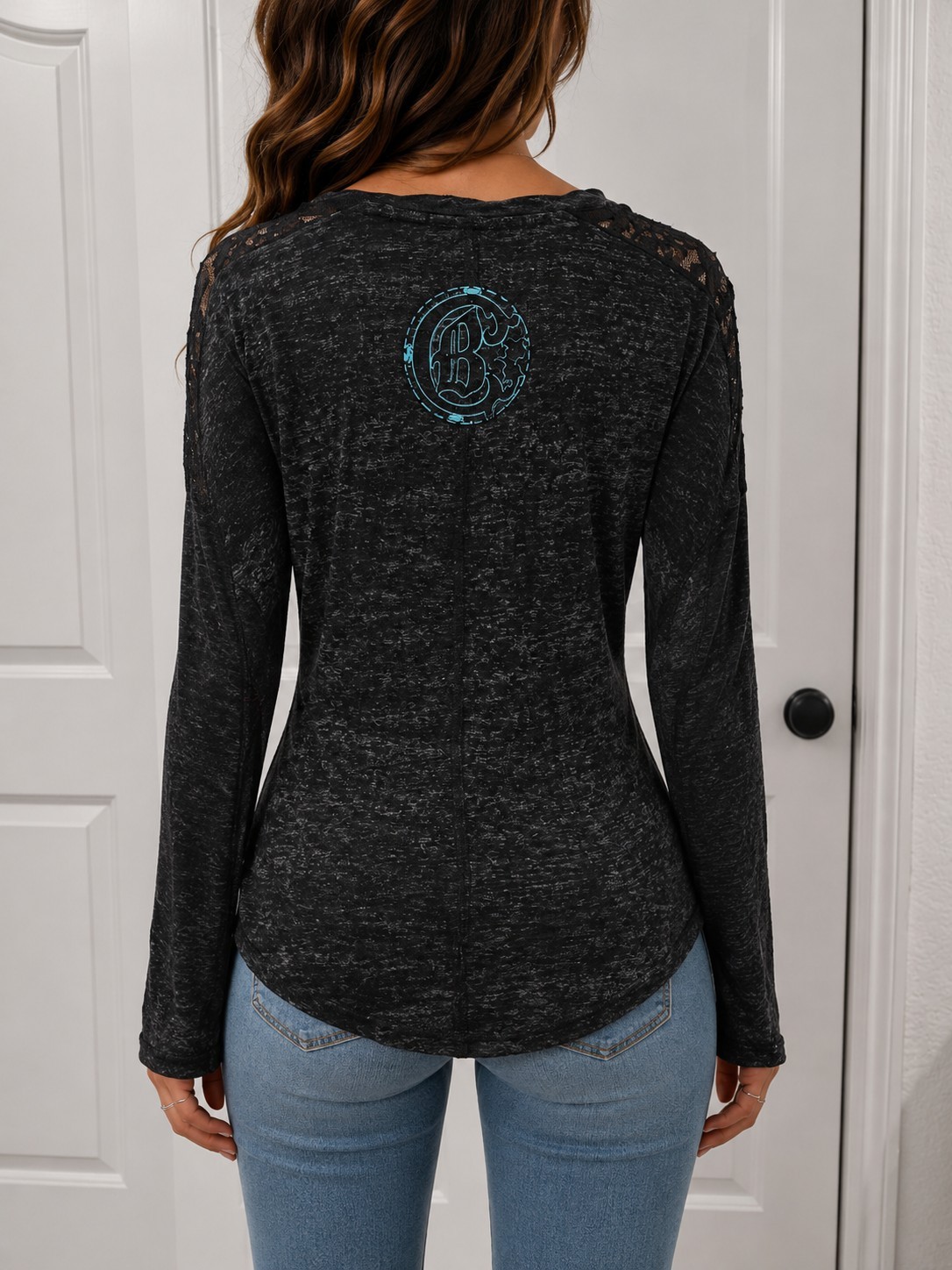 Crash & Burn Rhinestone Graphic Top Long Sleeve Lace Shoulder Black Grunge
