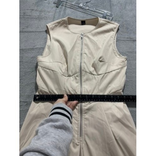 Beige Sleeveless Front Zip Pleated Maxi Dress Corset Bodice Minimalist Neutral