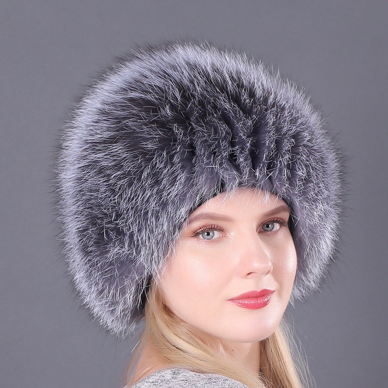 Winter Women Warm Rabbit Fur Fox Fur Hat Outdoor Fluffy Knitted Hat Cap
