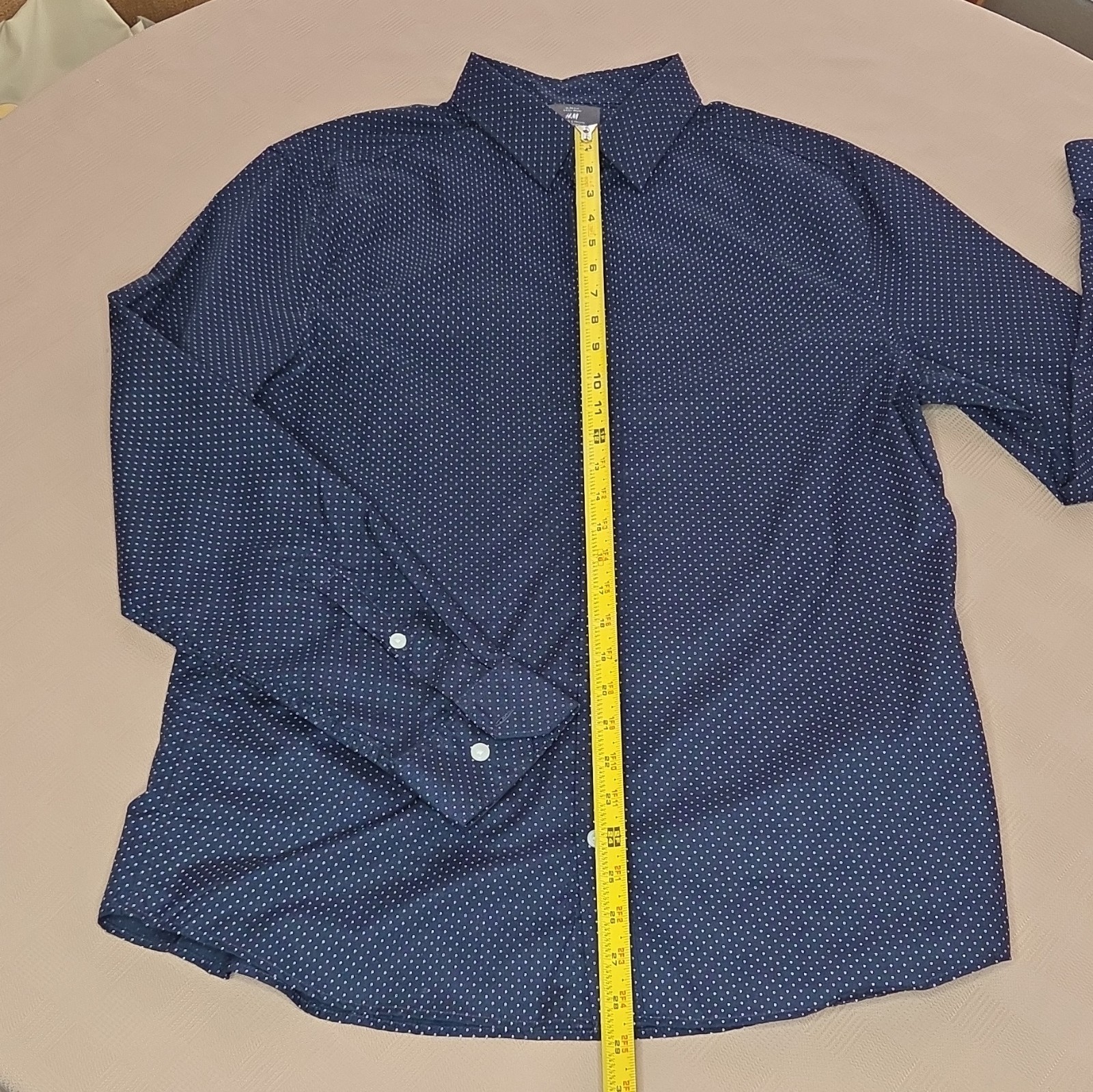 H&M Slim Fit Easy Iron Blue/White Polka Dot Dress Shirt L 32/33
