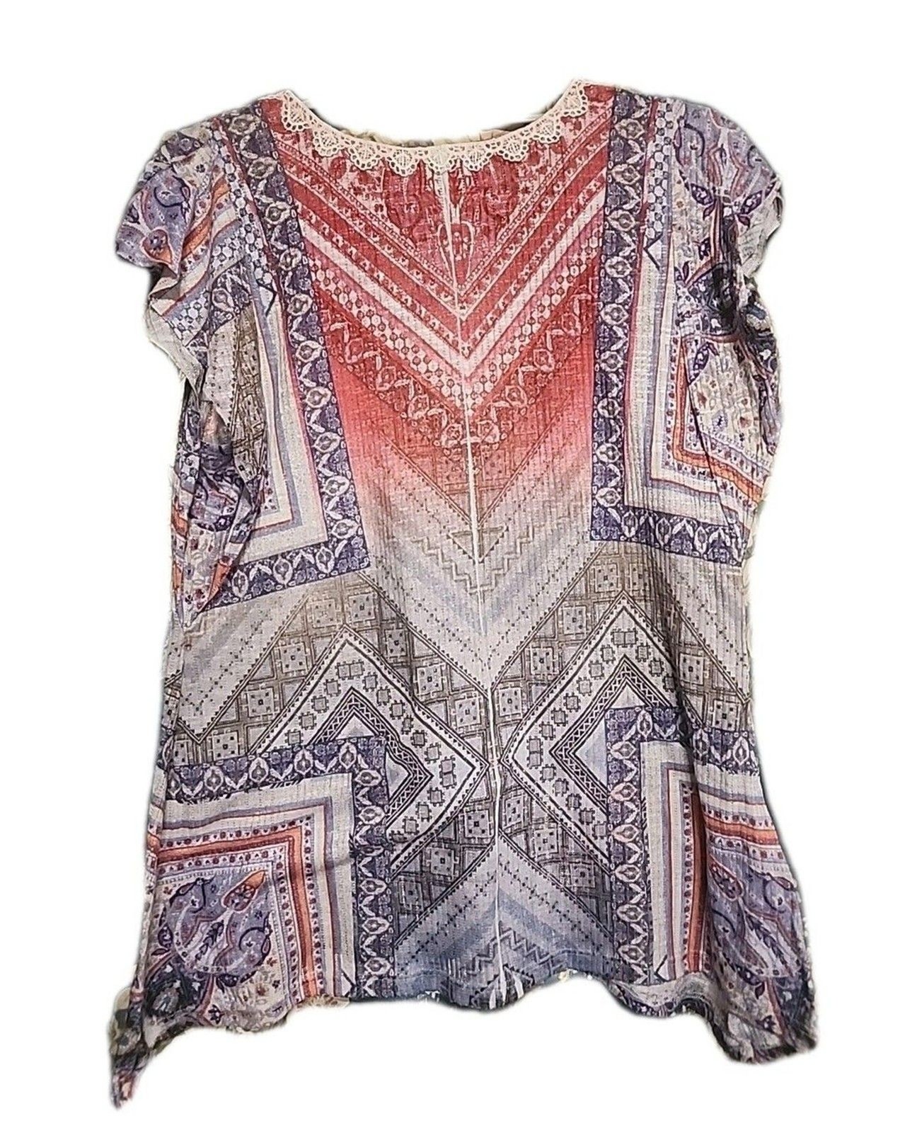 Energie Women’s Top XLarge Boho Patchwork Lace Trim Short Sleeve Festival Blouse