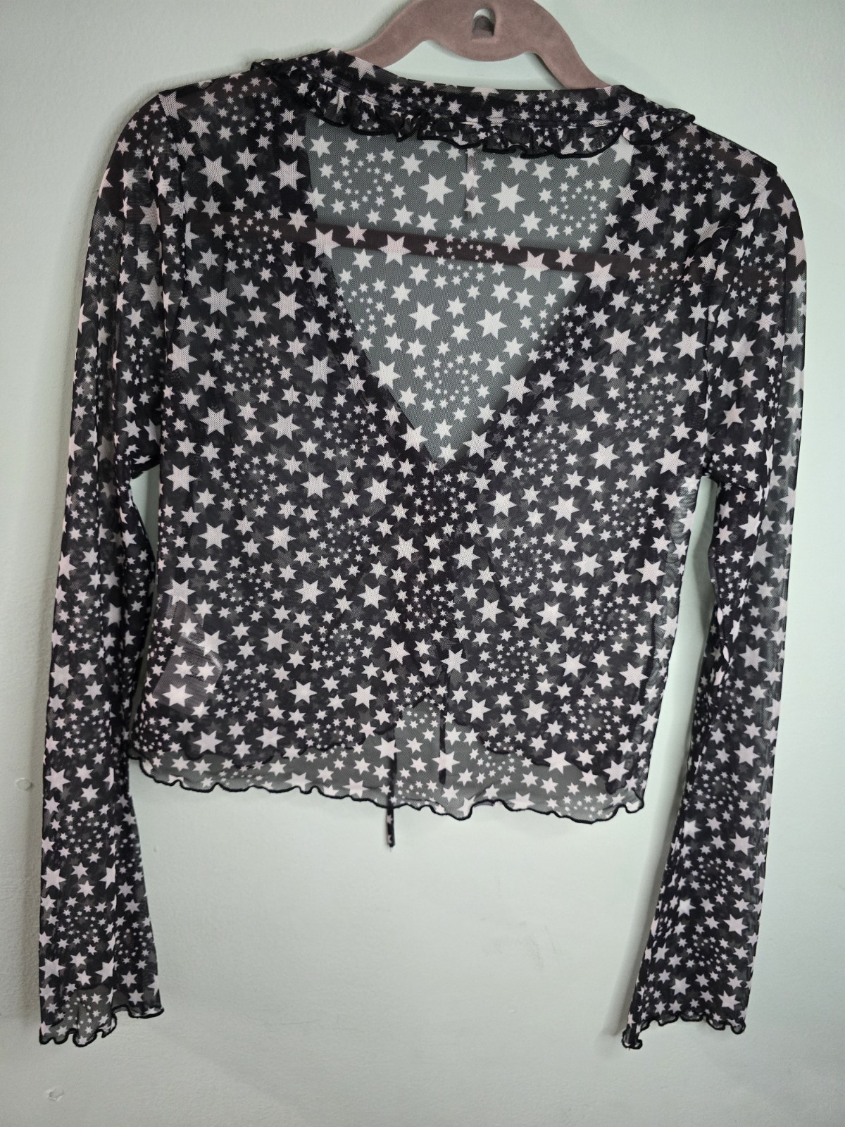 FREE PEOPLE Sheer mesh Black White Star Print Front Tie Marne Top Women’s Size S