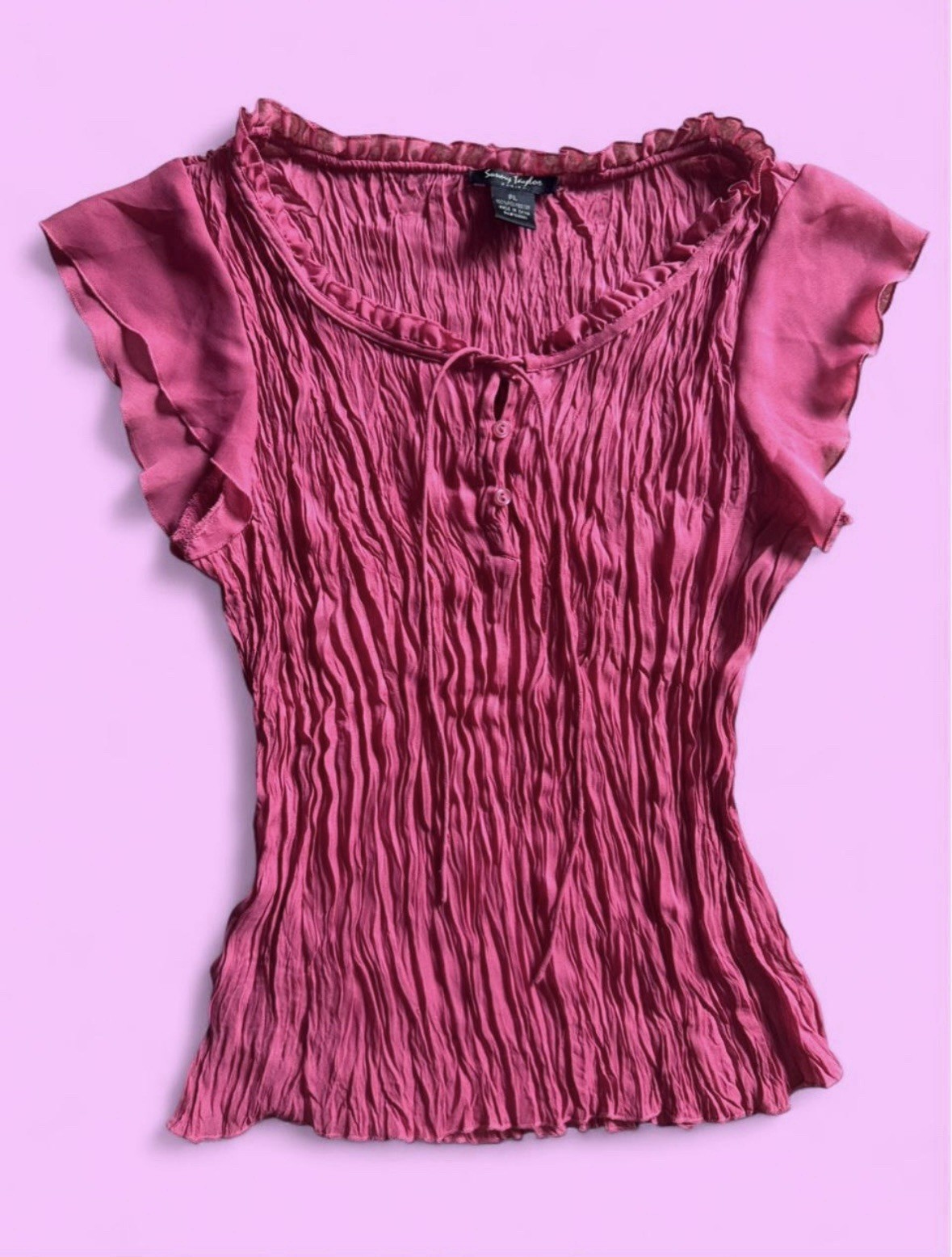 Sammy Taylor Pink Ruched Buttoned Blouse with Ruffled Trim in Petite Large