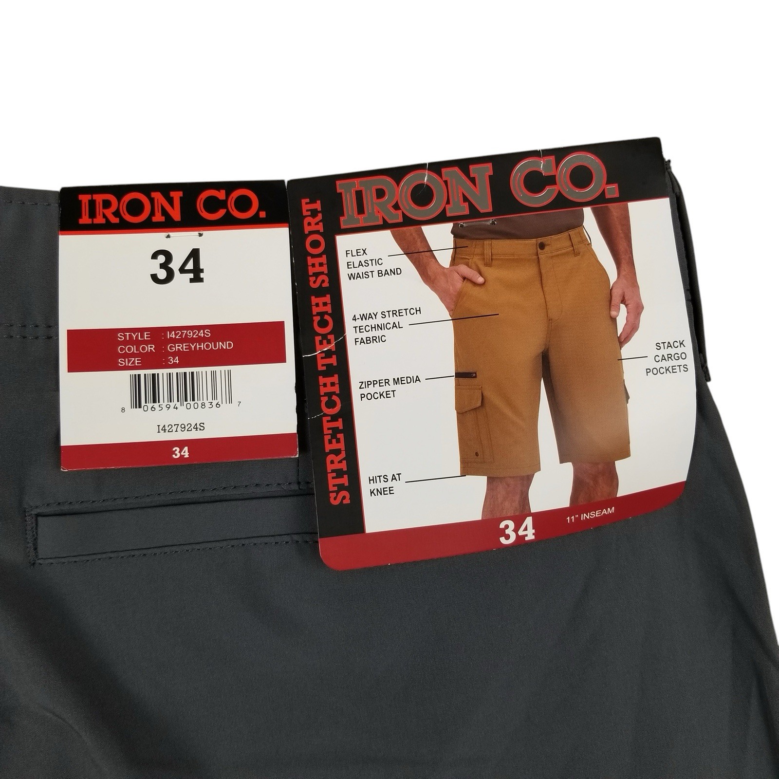 Iron Co Grey sz 34 Men’s Flex Waistband Stretch Hybrid Multi Pocket Cargo Short