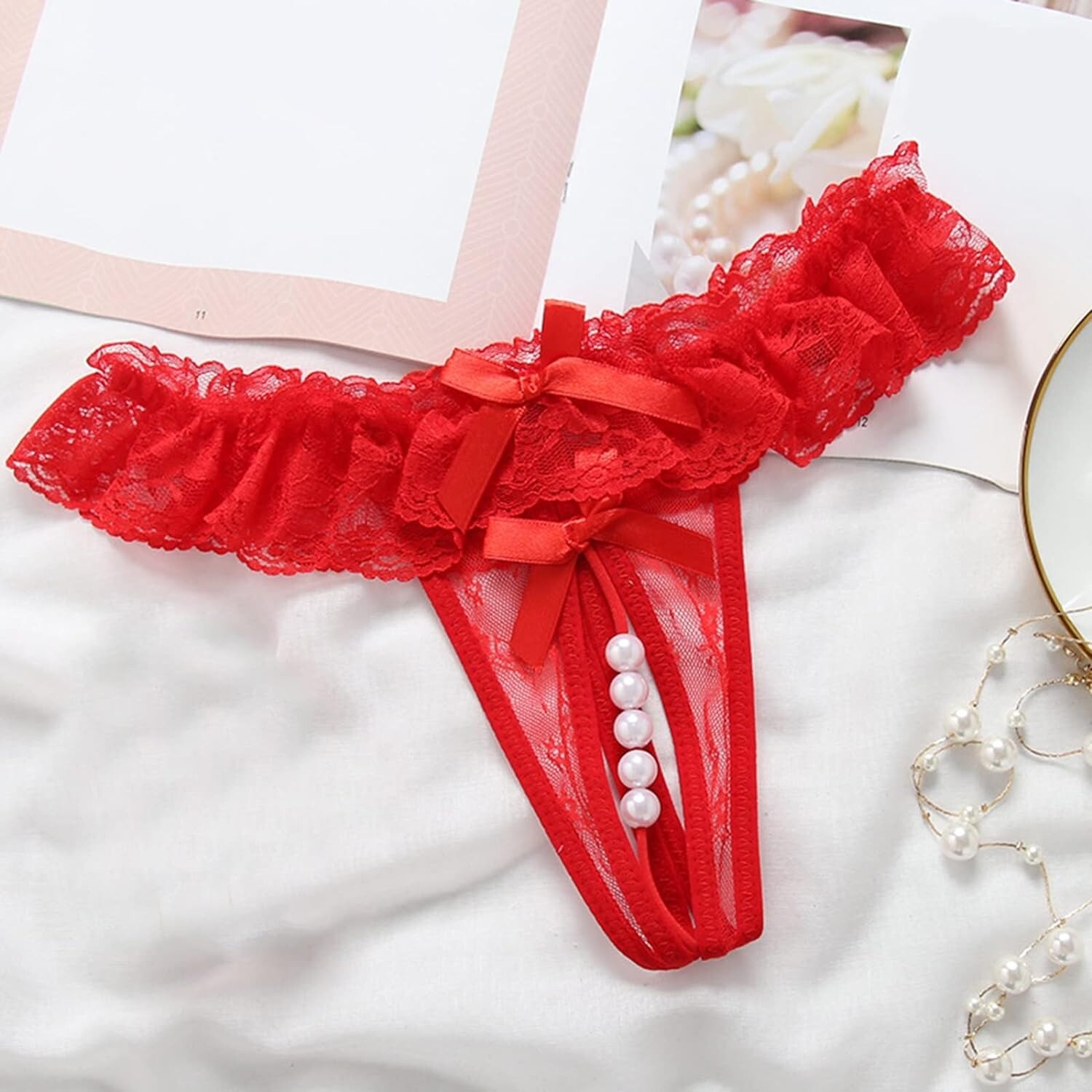 Sexy Women Pearl Lace Thong G-string Panties Lingerie Underwear Crotchles T-back