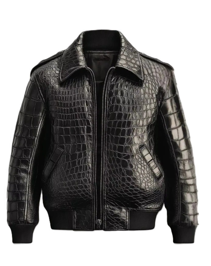 Men’s Black Real Leather Crocodile Embossed Luxury Alligator Print Bomber Jacket