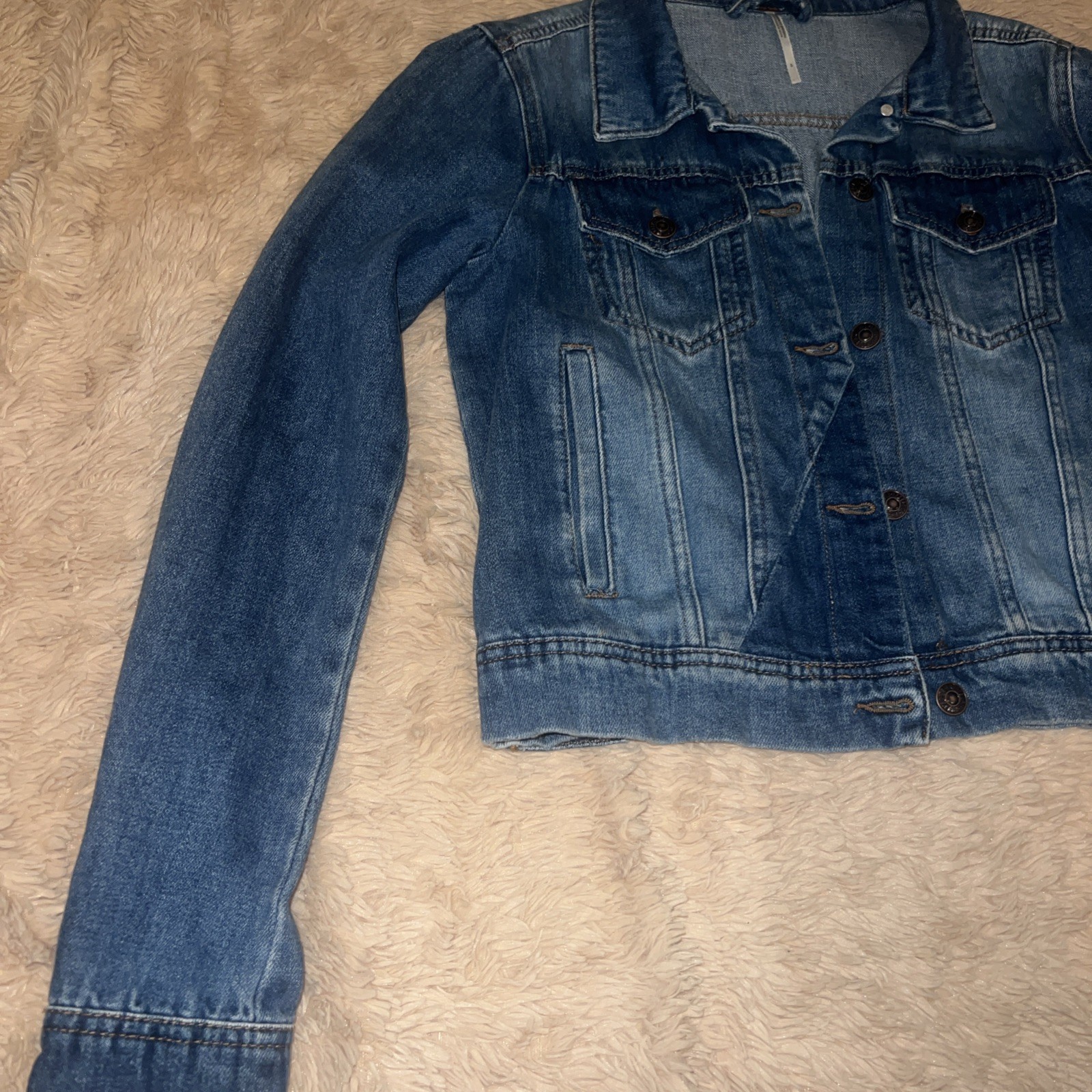 Free People Denim Jacket Womens Small Blue Button Front Cropped Jean