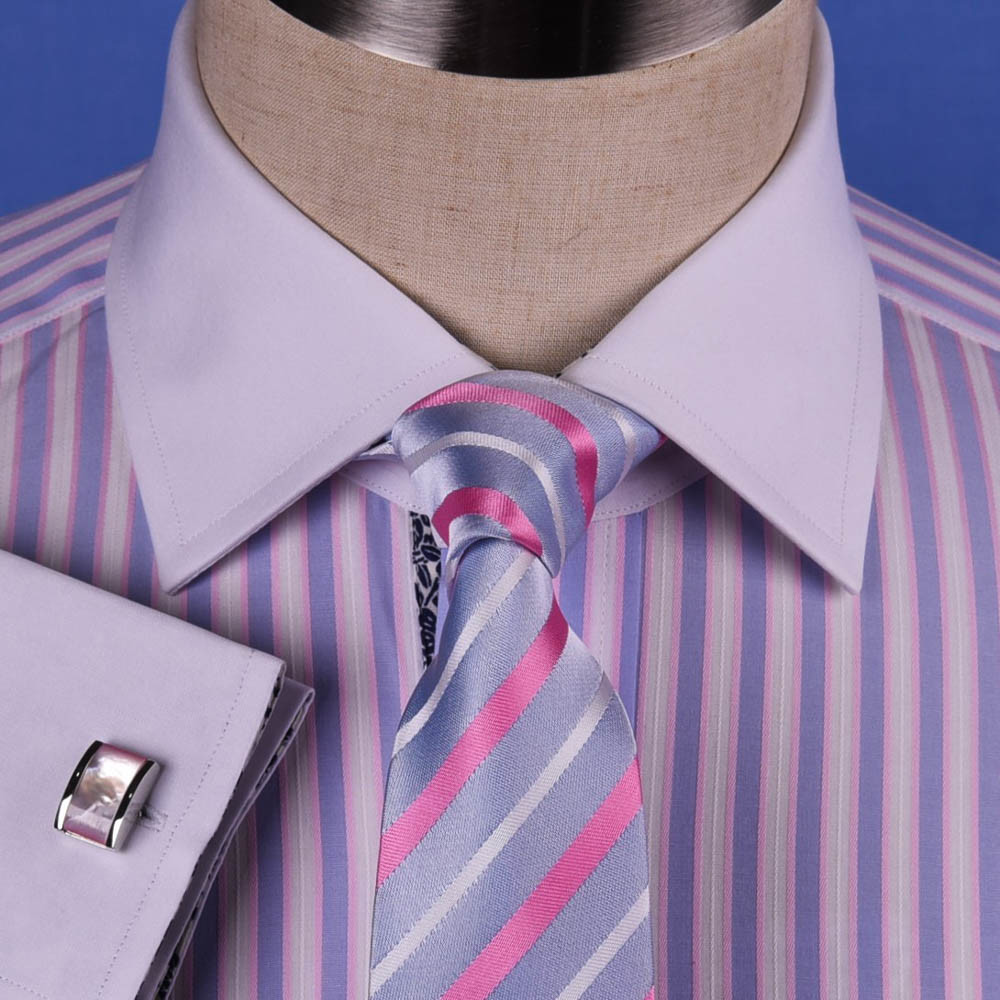 Pastel Multi-Colored Striped Dress Shirt White Poplin Contrast Cuff Business Top