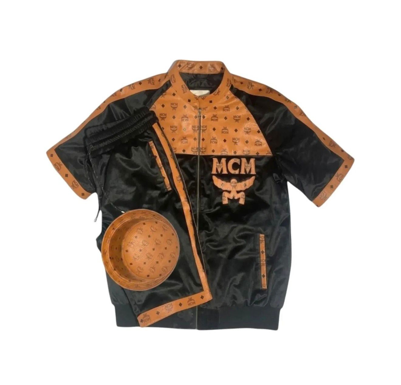 MCM Men’s All Black Leather Short Sleeve Track Suit Set Zip Up Top & Shorts