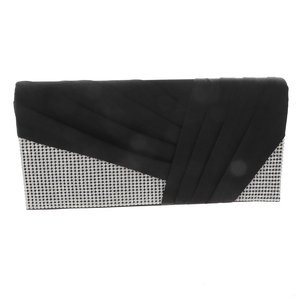 Fashion Satin Fabric Clutch Bag with Folded Front Rhinestone WYQ074-BLK