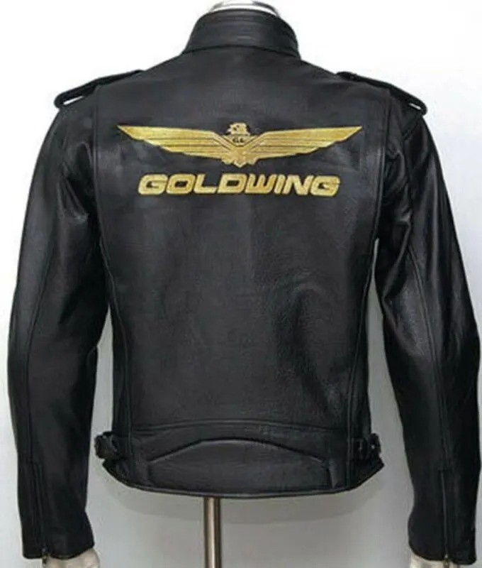 Men Black Motorcycle Biker Jacket Real Cowhide Leather Back Goldwing Rider Coat