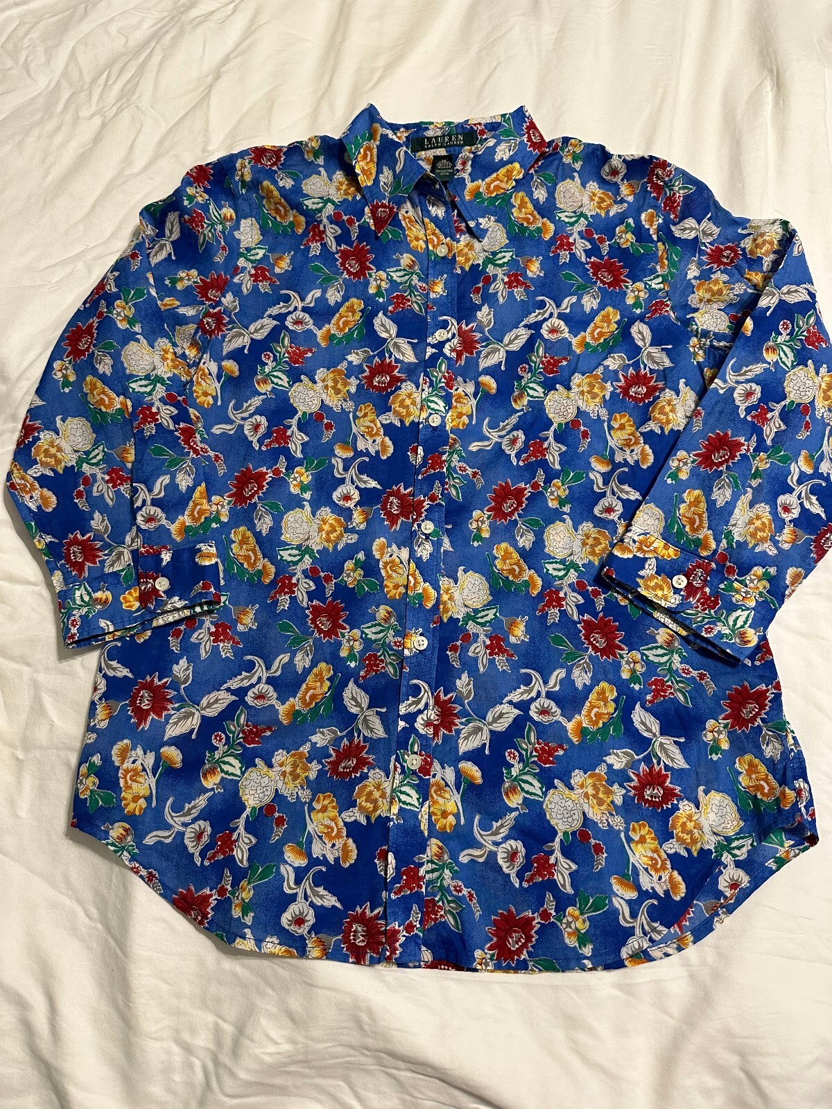 NWT Lauren Ralph Laren 100% Cotton Floral Button up 3/4 sleeve shirt Medium