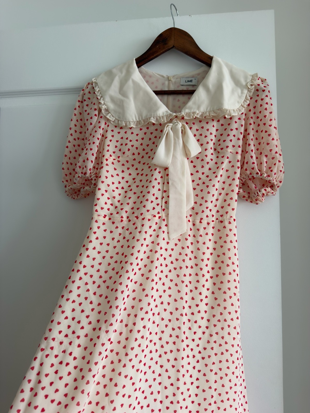 LIME Women’s Heart Print Midi Dress XS Peter Pan Collar Puff Sleeve Cottagecore