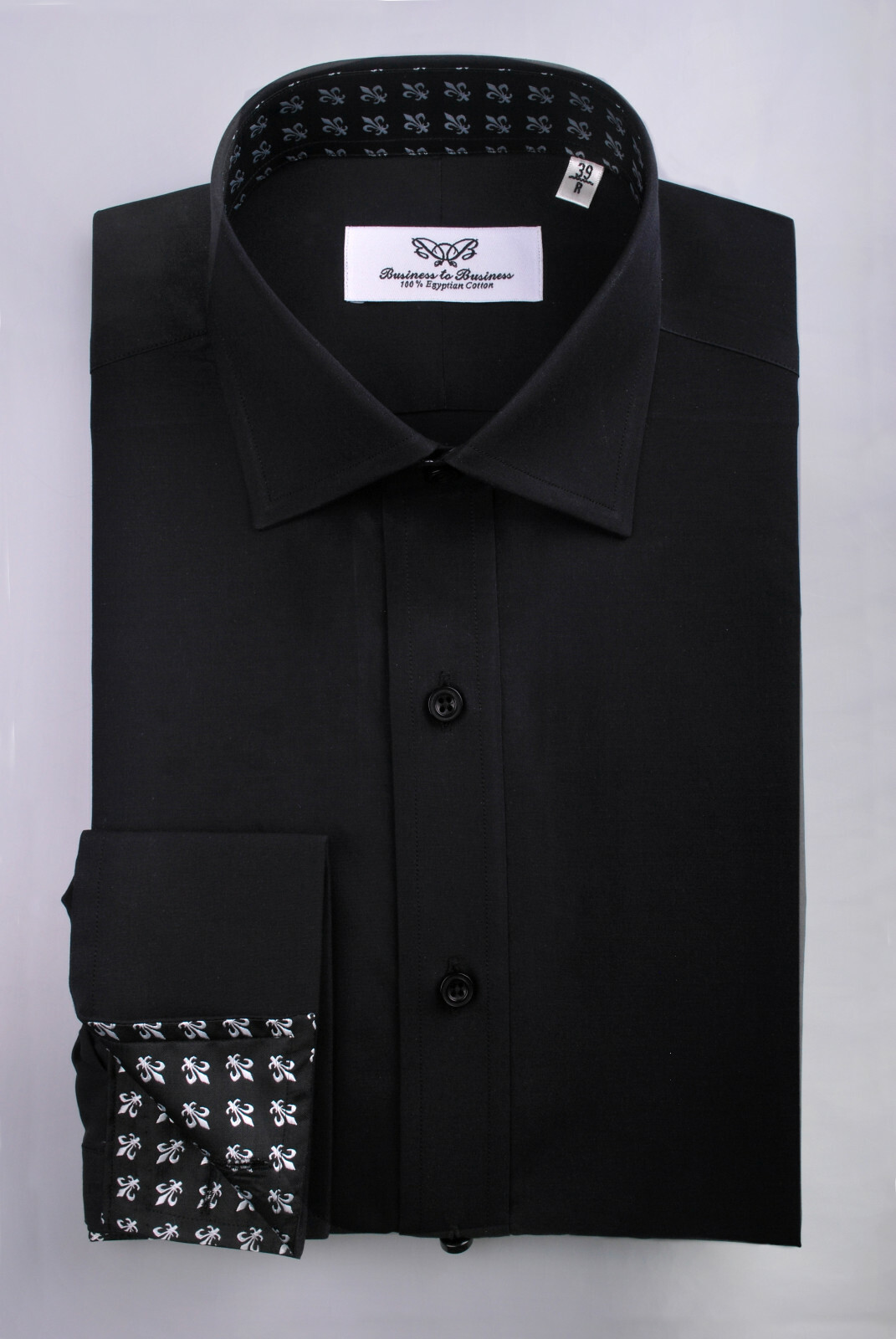 Sexy Pure Black Poplin Formal Dinner Event Dress Shirt Fluer-De-Lis Inner Lining