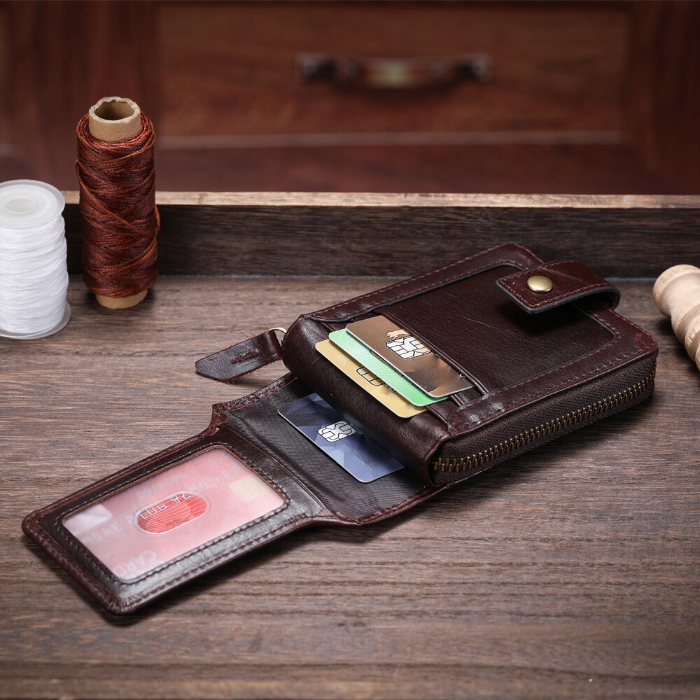 Men’s RFID Blocking Leather Zip Wallet Bifold with Coin Pocket & Card Slots