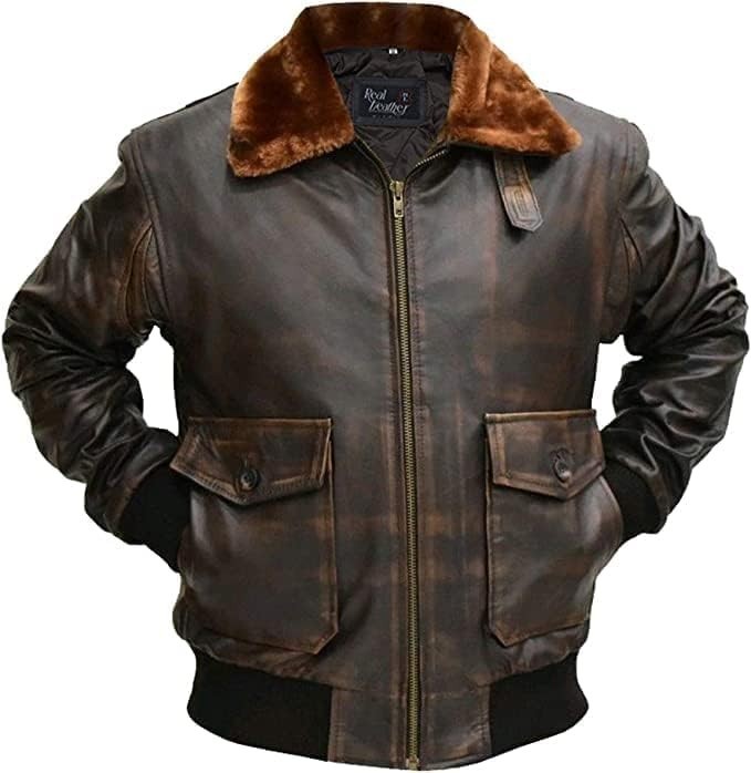Mens G-1 Fur Collar US Navy Flight Distressed Brown Aviator Genuine Leather Jack