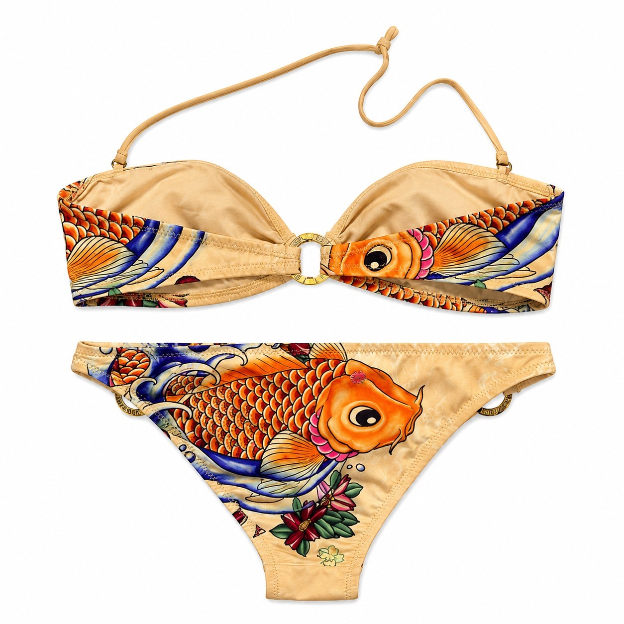 Rare Christian Audigier Bikini Set Orange Koi Fish Grunge Ed Hardy Rhinestones M